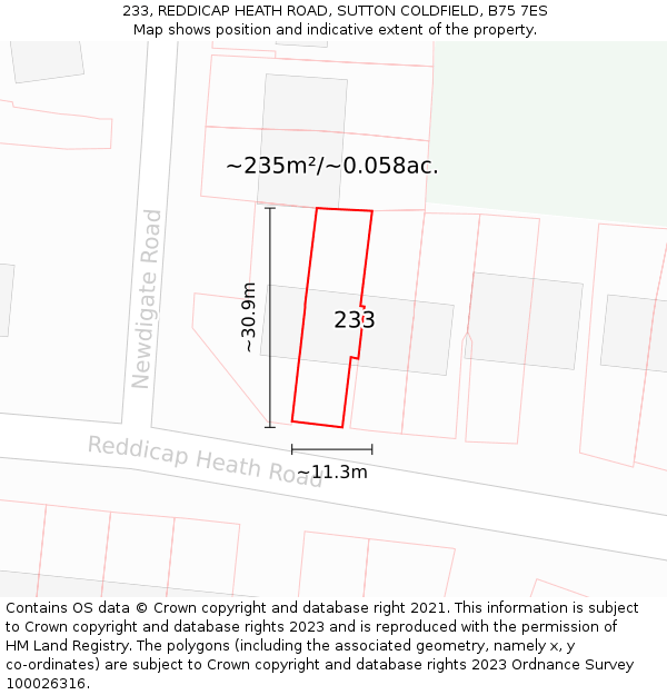 233, REDDICAP HEATH ROAD, SUTTON COLDFIELD, B75 7ES: Plot and title map