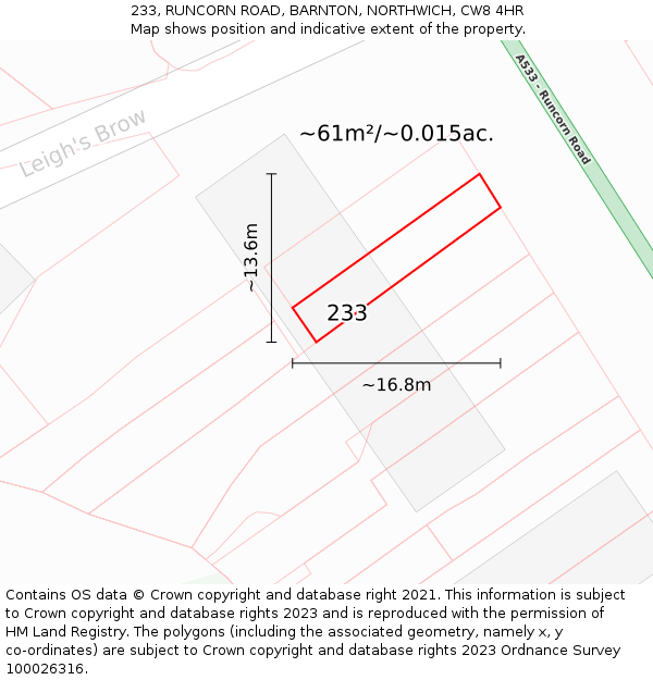 233, RUNCORN ROAD, BARNTON, NORTHWICH, CW8 4HR: Plot and title map