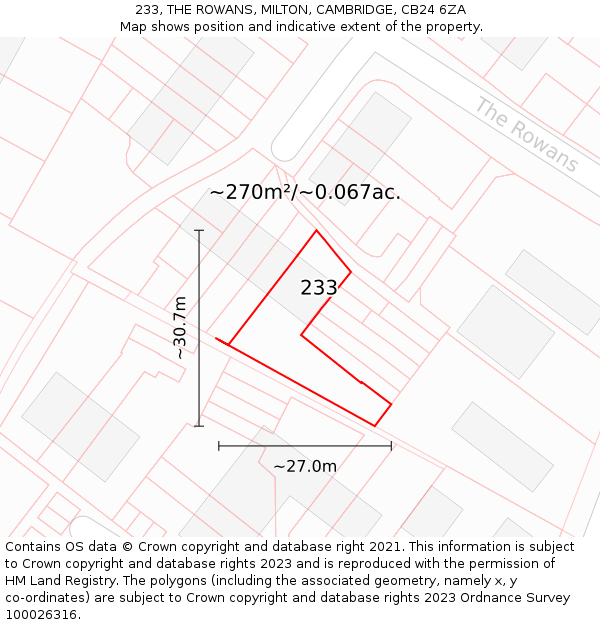 233, THE ROWANS, MILTON, CAMBRIDGE, CB24 6ZA: Plot and title map