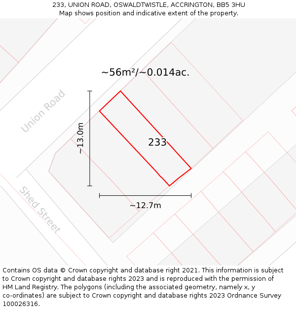 233, UNION ROAD, OSWALDTWISTLE, ACCRINGTON, BB5 3HU: Plot and title map