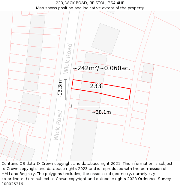 233, WICK ROAD, BRISTOL, BS4 4HR: Plot and title map