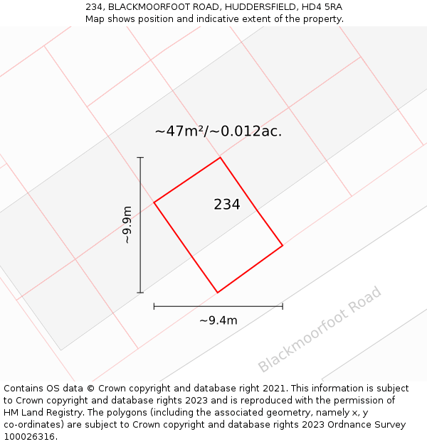 234, BLACKMOORFOOT ROAD, HUDDERSFIELD, HD4 5RA: Plot and title map