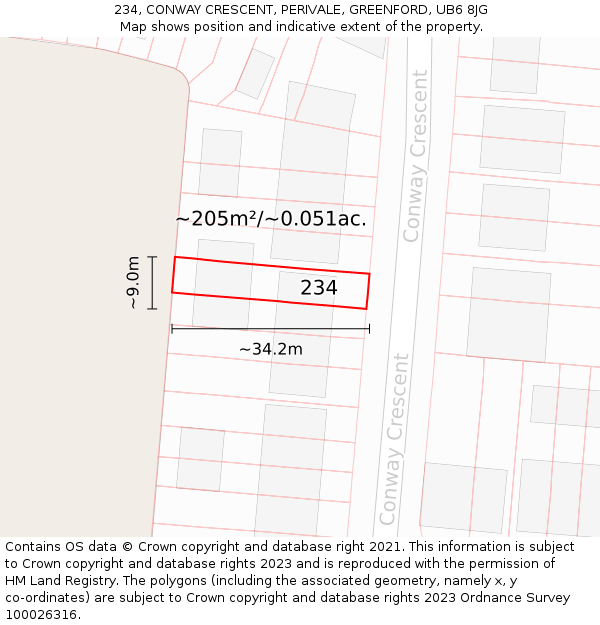 234, CONWAY CRESCENT, PERIVALE, GREENFORD, UB6 8JG: Plot and title map