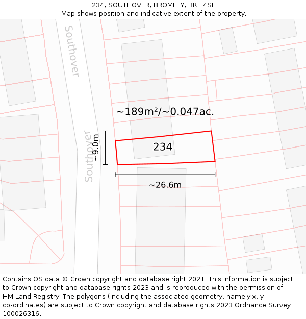 234, SOUTHOVER, BROMLEY, BR1 4SE: Plot and title map