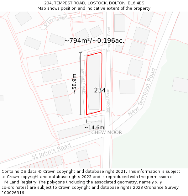 234, TEMPEST ROAD, LOSTOCK, BOLTON, BL6 4ES: Plot and title map