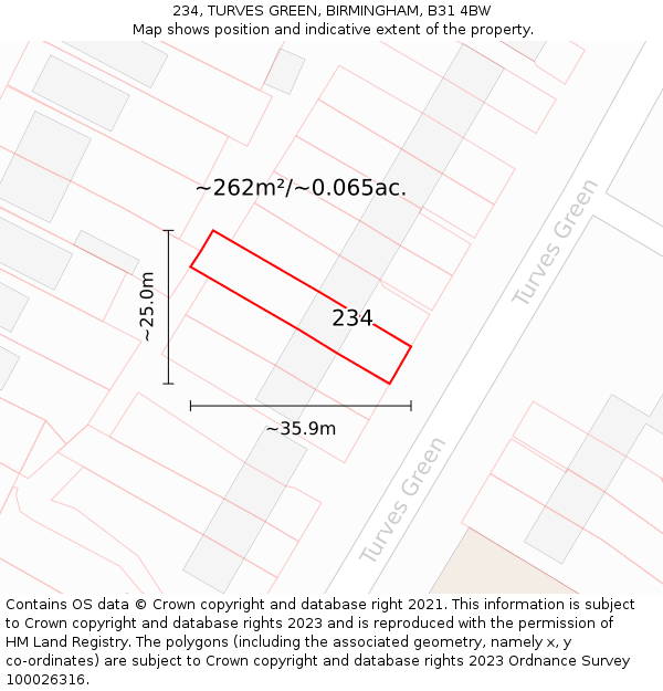234, TURVES GREEN, BIRMINGHAM, B31 4BW: Plot and title map
