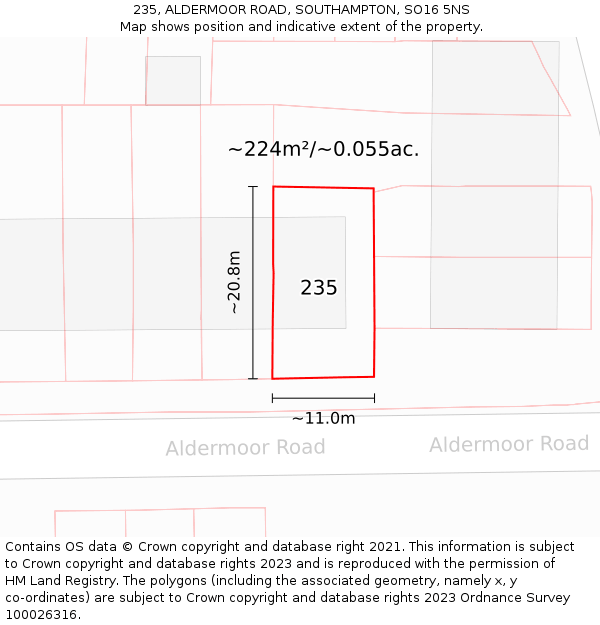 235, ALDERMOOR ROAD, SOUTHAMPTON, SO16 5NS: Plot and title map