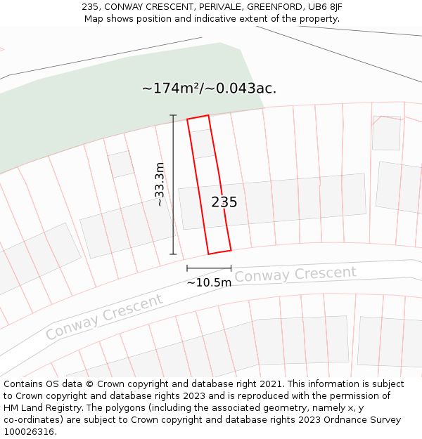 235, CONWAY CRESCENT, PERIVALE, GREENFORD, UB6 8JF: Plot and title map