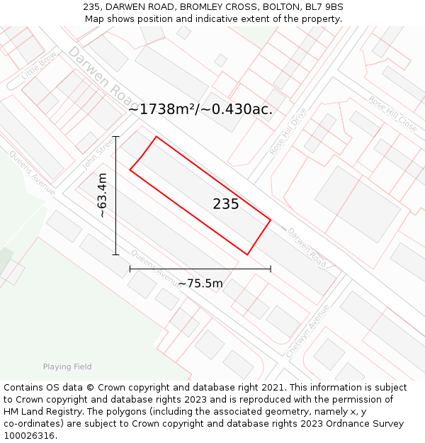 235, DARWEN ROAD, BROMLEY CROSS, BOLTON, BL7 9BS: Plot and title map