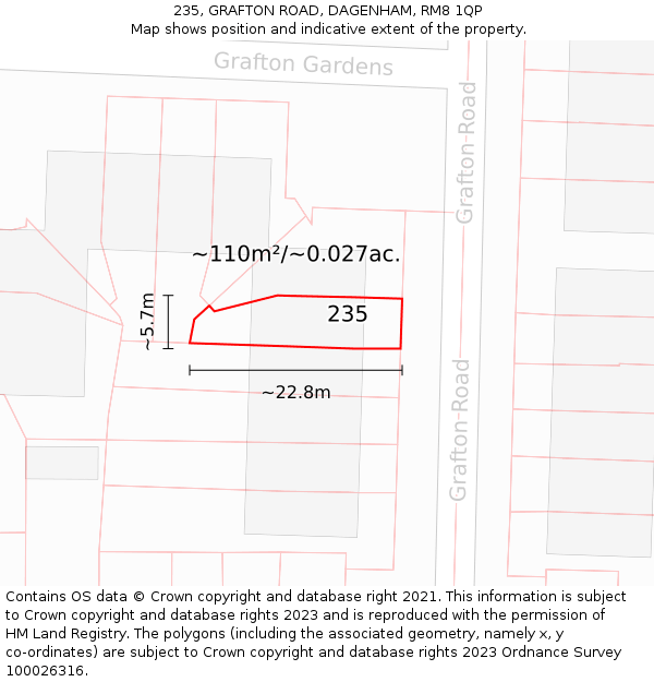 235, GRAFTON ROAD, DAGENHAM, RM8 1QP: Plot and title map