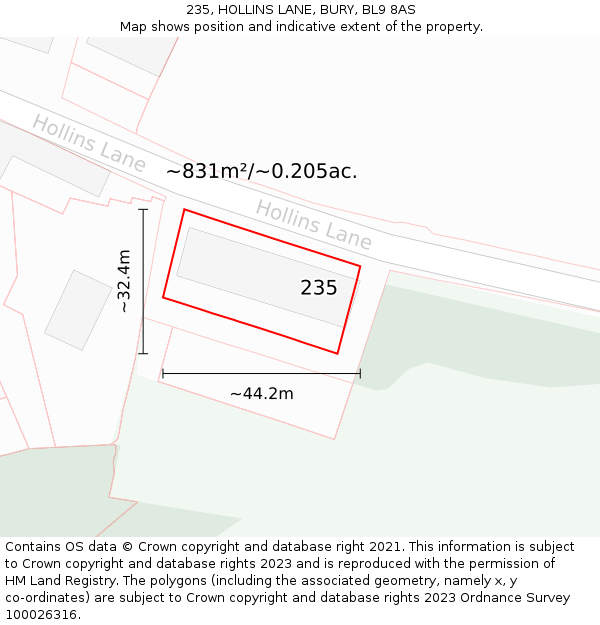 235, HOLLINS LANE, BURY, BL9 8AS: Plot and title map