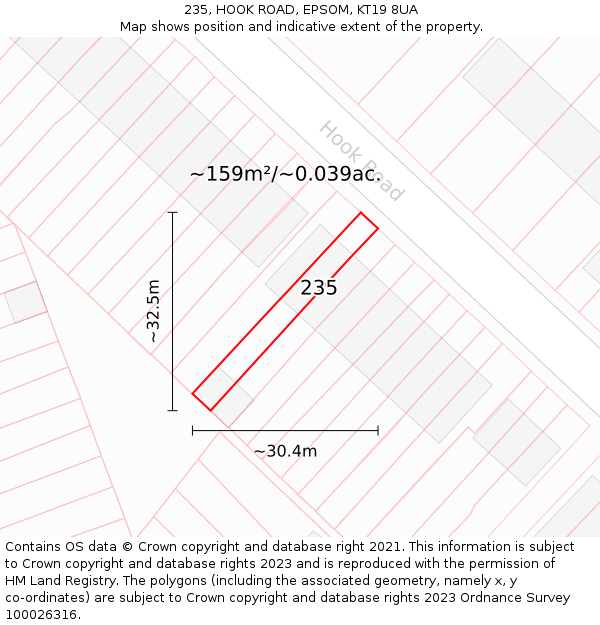 235, HOOK ROAD, EPSOM, KT19 8UA: Plot and title map