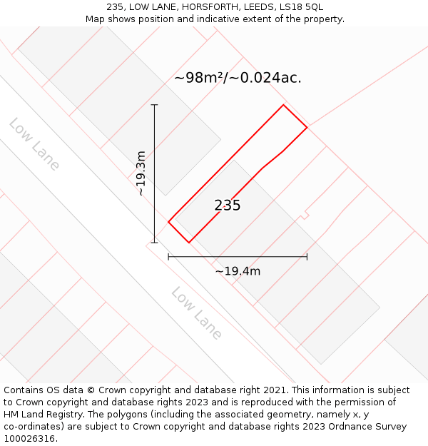 235, LOW LANE, HORSFORTH, LEEDS, LS18 5QL: Plot and title map