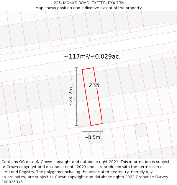 235, MONKS ROAD, EXETER, EX4 7BN: Plot and title map