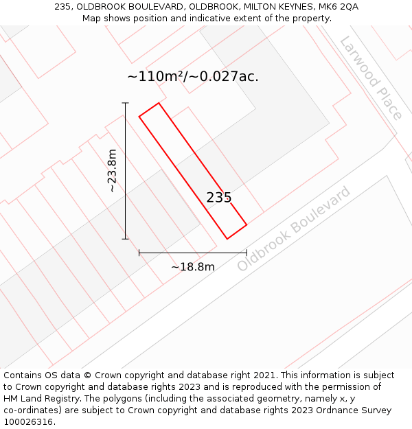 235, OLDBROOK BOULEVARD, OLDBROOK, MILTON KEYNES, MK6 2QA: Plot and title map