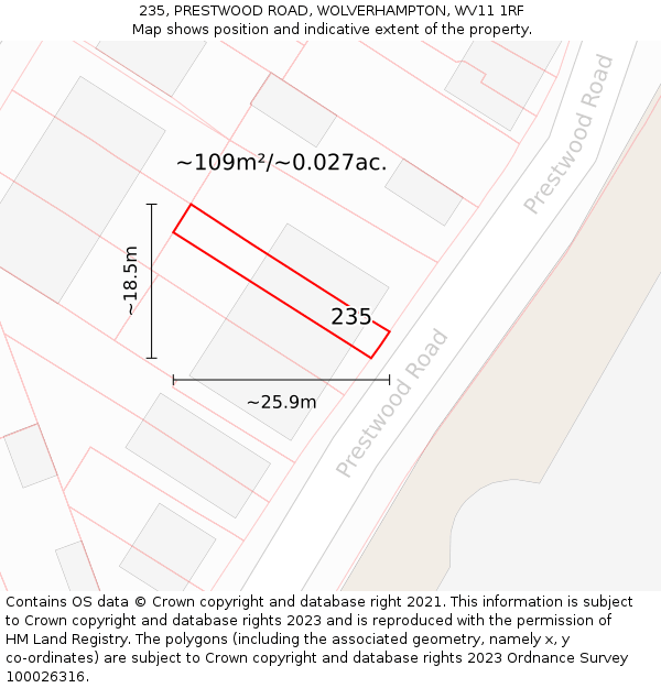 235, PRESTWOOD ROAD, WOLVERHAMPTON, WV11 1RF: Plot and title map
