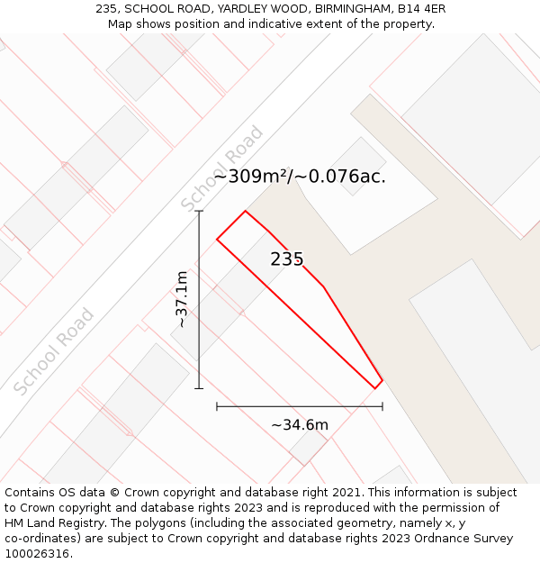 235, SCHOOL ROAD, YARDLEY WOOD, BIRMINGHAM, B14 4ER: Plot and title map