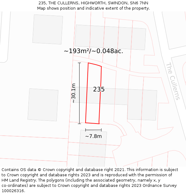 235, THE CULLERNS, HIGHWORTH, SWINDON, SN6 7NN: Plot and title map