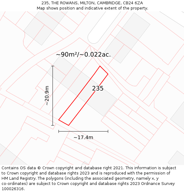 235, THE ROWANS, MILTON, CAMBRIDGE, CB24 6ZA: Plot and title map