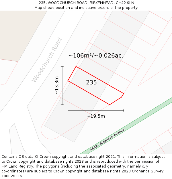 235, WOODCHURCH ROAD, BIRKENHEAD, CH42 9LN: Plot and title map