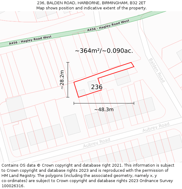 236, BALDEN ROAD, HARBORNE, BIRMINGHAM, B32 2ET: Plot and title map