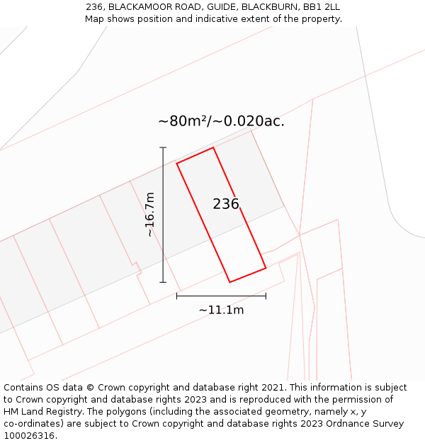236, BLACKAMOOR ROAD, GUIDE, BLACKBURN, BB1 2LL: Plot and title map