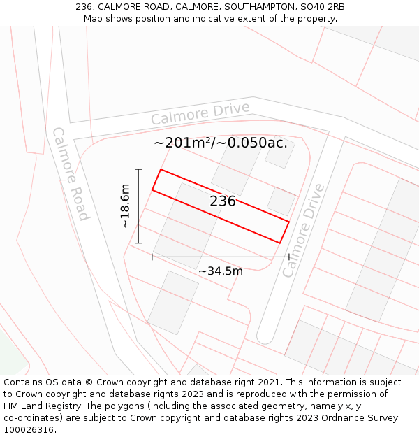 236, CALMORE ROAD, CALMORE, SOUTHAMPTON, SO40 2RB: Plot and title map