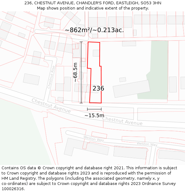 236, CHESTNUT AVENUE, CHANDLER'S FORD, EASTLEIGH, SO53 3HN: Plot and title map