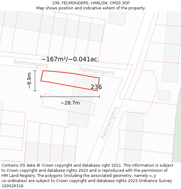 236, FELMONGERS, HARLOW, CM20 3DP: Plot and title map