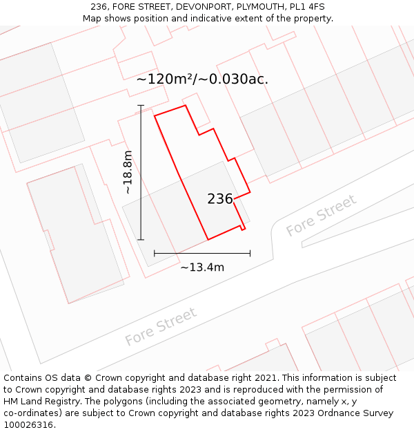 236, FORE STREET, DEVONPORT, PLYMOUTH, PL1 4FS: Plot and title map