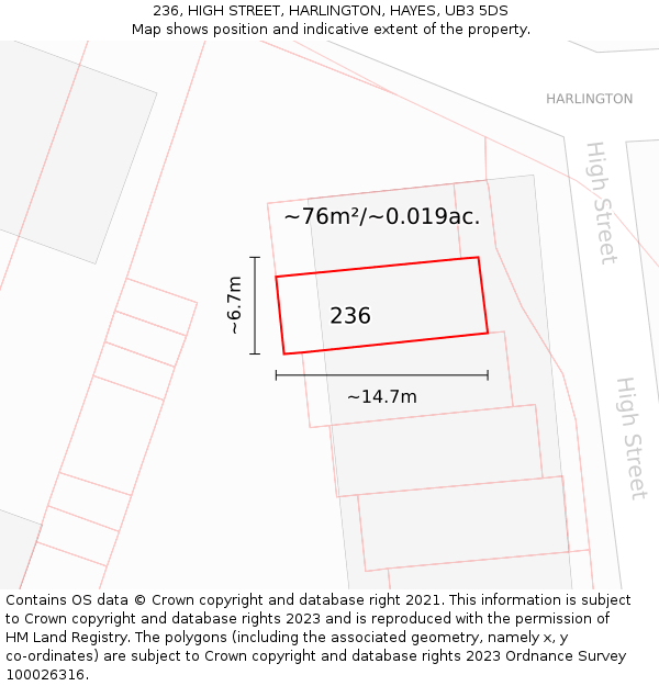 236, HIGH STREET, HARLINGTON, HAYES, UB3 5DS: Plot and title map