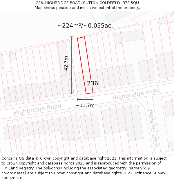 236, HIGHBRIDGE ROAD, SUTTON COLDFIELD, B73 5QU: Plot and title map