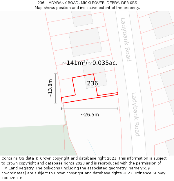 236, LADYBANK ROAD, MICKLEOVER, DERBY, DE3 0RS: Plot and title map