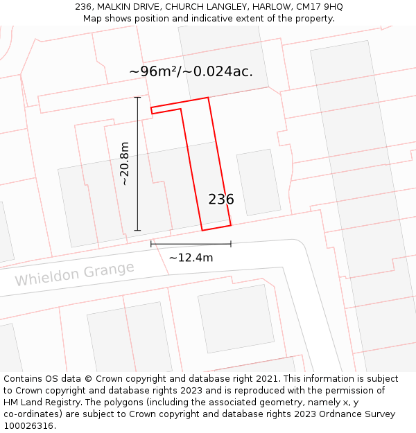 236, MALKIN DRIVE, CHURCH LANGLEY, HARLOW, CM17 9HQ: Plot and title map