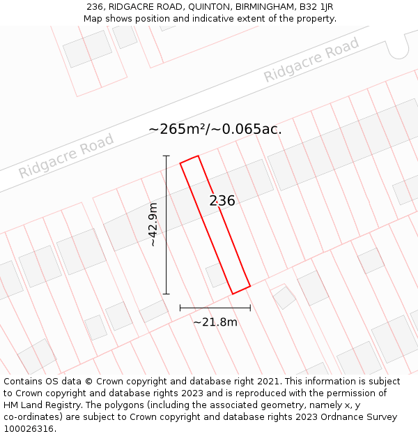 236, RIDGACRE ROAD, QUINTON, BIRMINGHAM, B32 1JR: Plot and title map