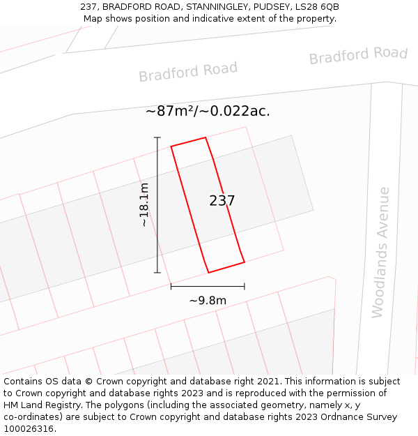 237, BRADFORD ROAD, STANNINGLEY, PUDSEY, LS28 6QB: Plot and title map