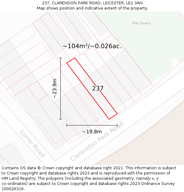 237, CLARENDON PARK ROAD, LEICESTER, LE2 3AN: Plot and title map