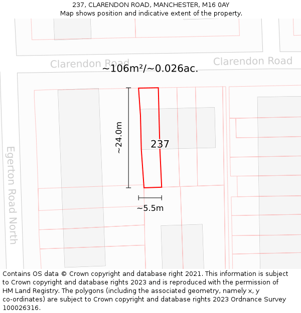 237, CLARENDON ROAD, MANCHESTER, M16 0AY: Plot and title map