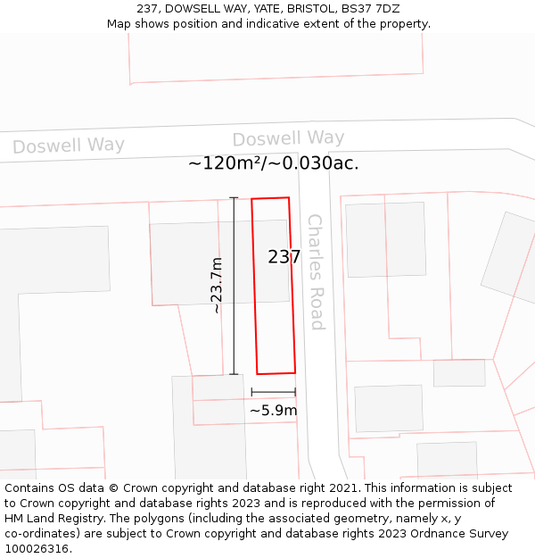 237, DOWSELL WAY, YATE, BRISTOL, BS37 7DZ: Plot and title map