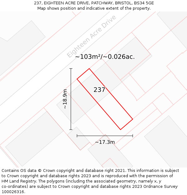 237, EIGHTEEN ACRE DRIVE, PATCHWAY, BRISTOL, BS34 5GE: Plot and title map