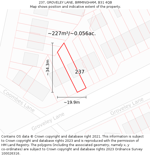 237, GROVELEY LANE, BIRMINGHAM, B31 4QB: Plot and title map