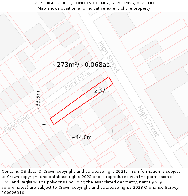 237, HIGH STREET, LONDON COLNEY, ST ALBANS, AL2 1HD: Plot and title map