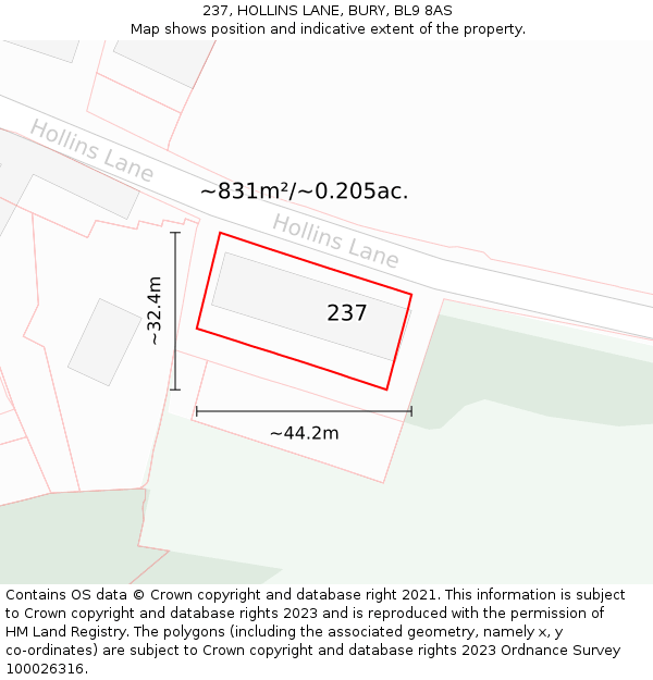 237, HOLLINS LANE, BURY, BL9 8AS: Plot and title map