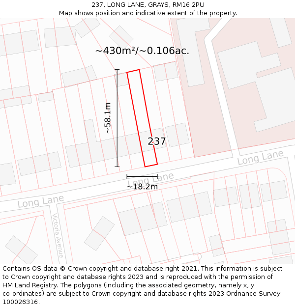 237, LONG LANE, GRAYS, RM16 2PU: Plot and title map