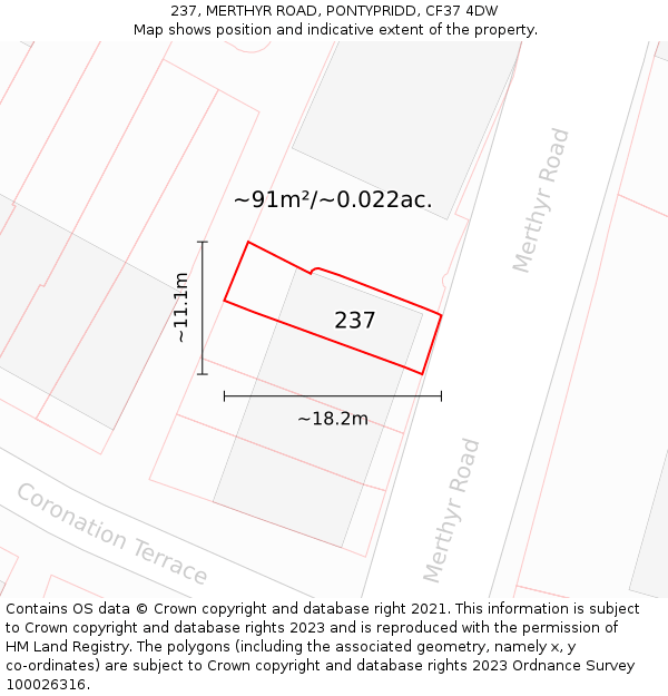 237, MERTHYR ROAD, PONTYPRIDD, CF37 4DW: Plot and title map