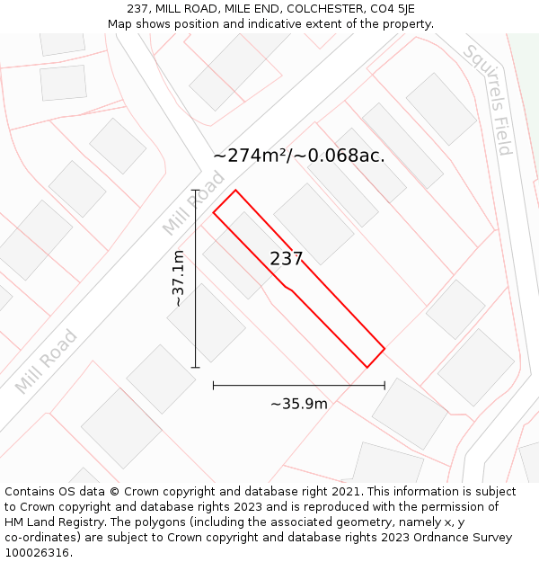 237, MILL ROAD, MILE END, COLCHESTER, CO4 5JE: Plot and title map