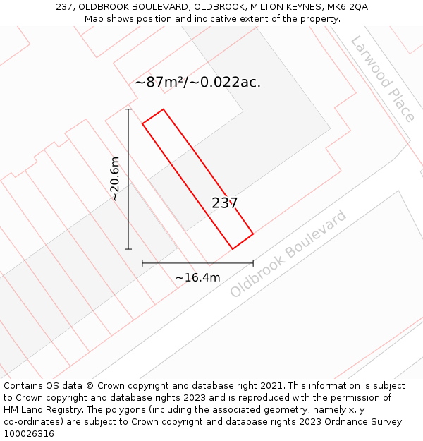 237, OLDBROOK BOULEVARD, OLDBROOK, MILTON KEYNES, MK6 2QA: Plot and title map