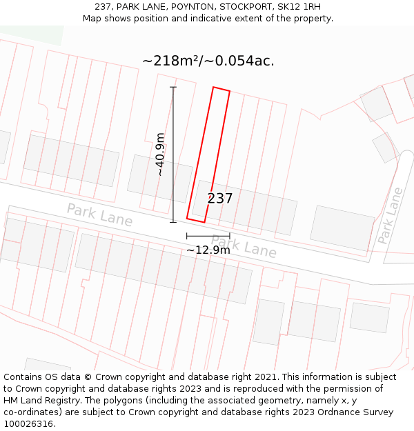 237, PARK LANE, POYNTON, STOCKPORT, SK12 1RH: Plot and title map