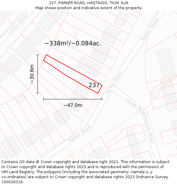 237, PARKER ROAD, HASTINGS, TN34 3UA: Plot and title map