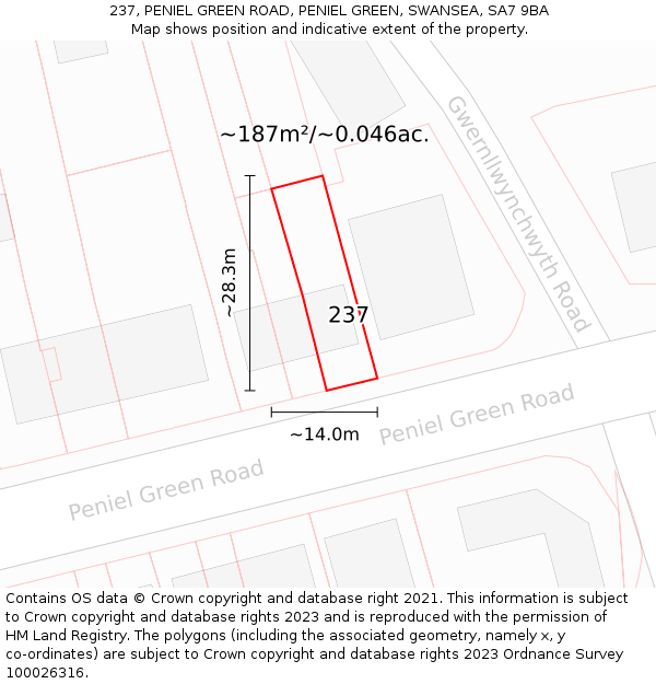 237, PENIEL GREEN ROAD, PENIEL GREEN, SWANSEA, SA7 9BA: Plot and title map